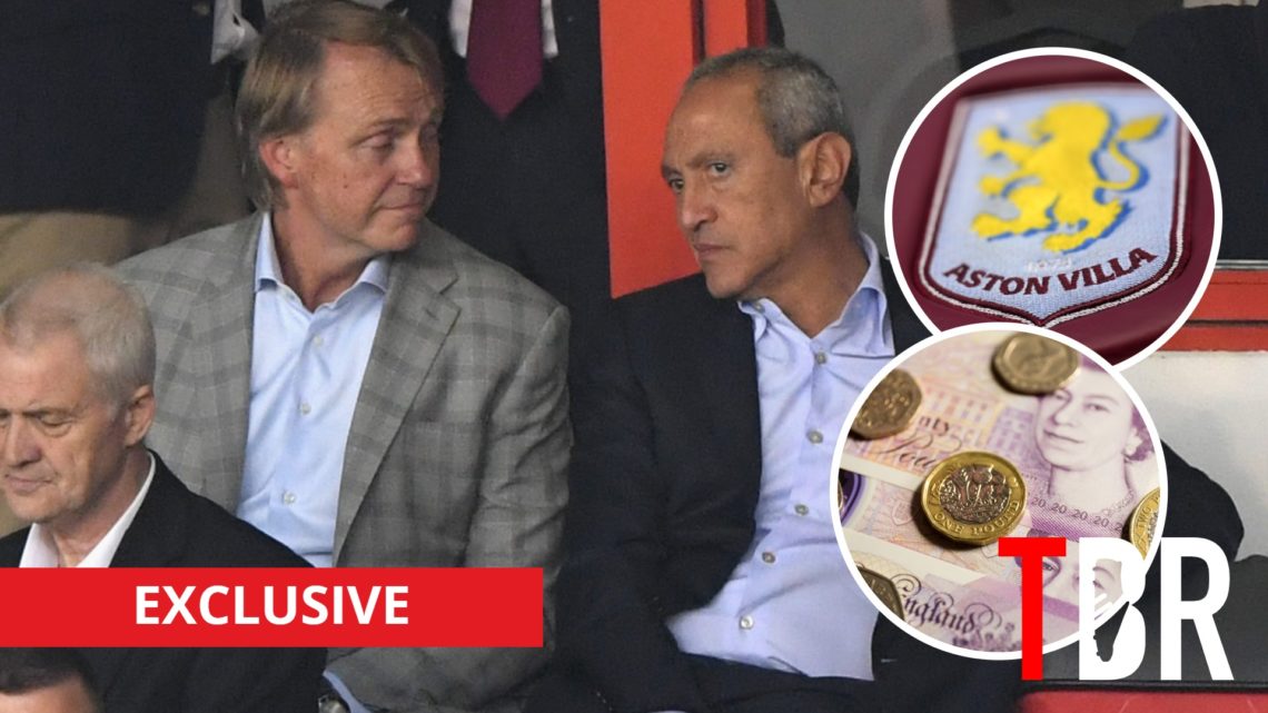 Aston Villa owners Wes Edens and Nassef Sawiris with inset of Aston Villa badge and English money