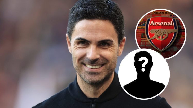 Arsenal manager Mikel Arteta with inset of Arsenal badge