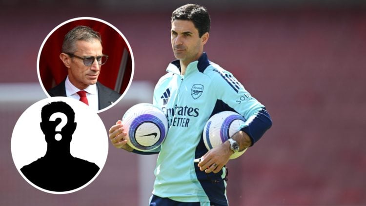 Arsenal manager Mikel Arteta with insets of Andrea Berta and mystery silhouette