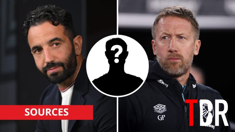 Split image of Manchester United manager Ruben Amorim and West Ham manager Graham Potter with inset of mystery silhouette