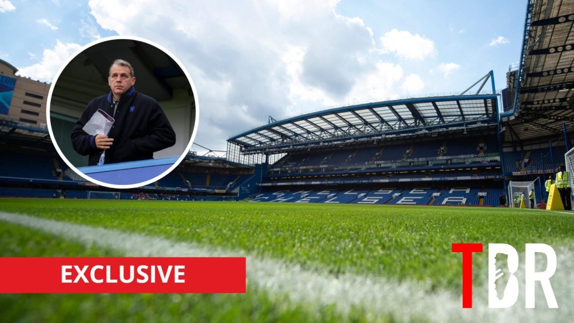 A view of Stamford Bridge, Chelsea FC's stadium, with inset of Chelsea chairman Todd Boehly