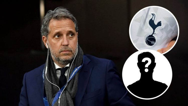 Former Tottenham Hotspur sporting director Fabio Paratici ahead of Champions League match. Inset of Spurs badge and a mystery player.