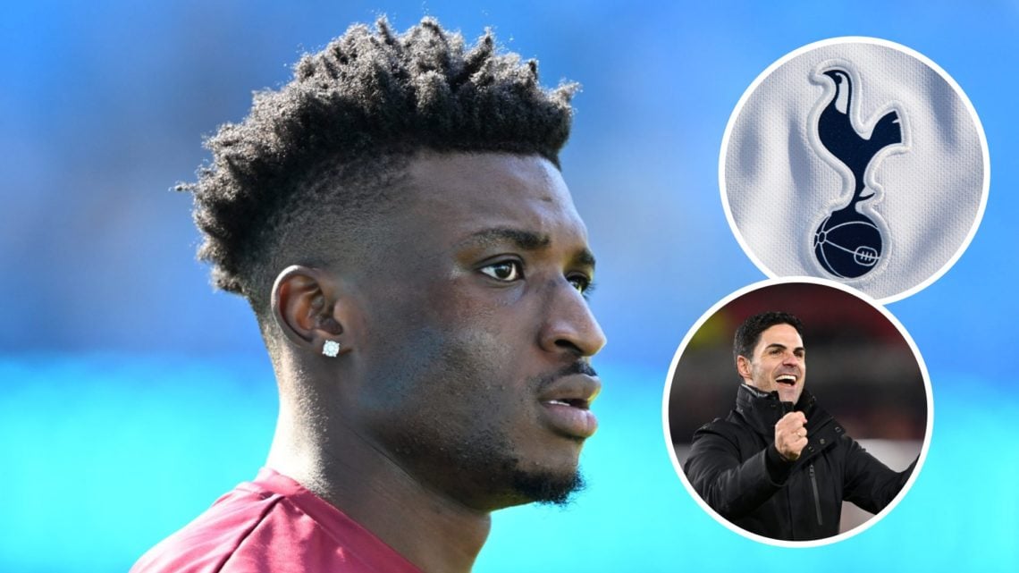 West Ham United player Mohammed Kudus ahead of Premier League match. Inset of Tottenham Hotspur badge and Arsenal manager Mikel Arteta.