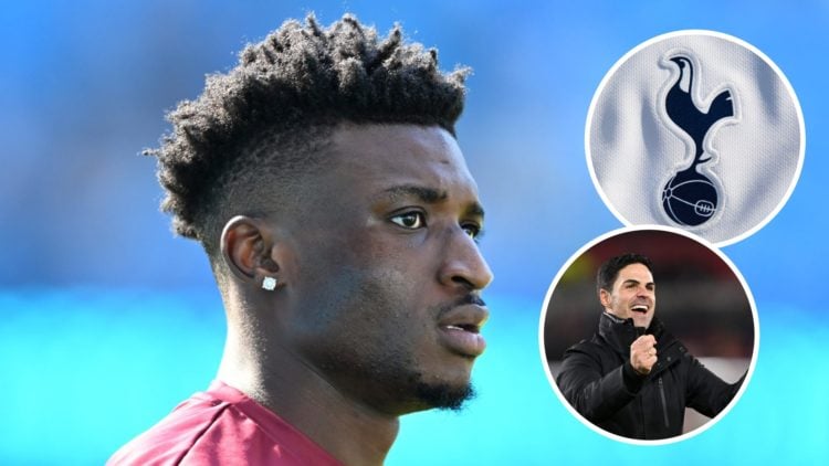 West Ham United player Mohammed Kudus ahead of Premier League match. Inset of Tottenham Hotspur badge and Arsenal manager Mikel Arteta.