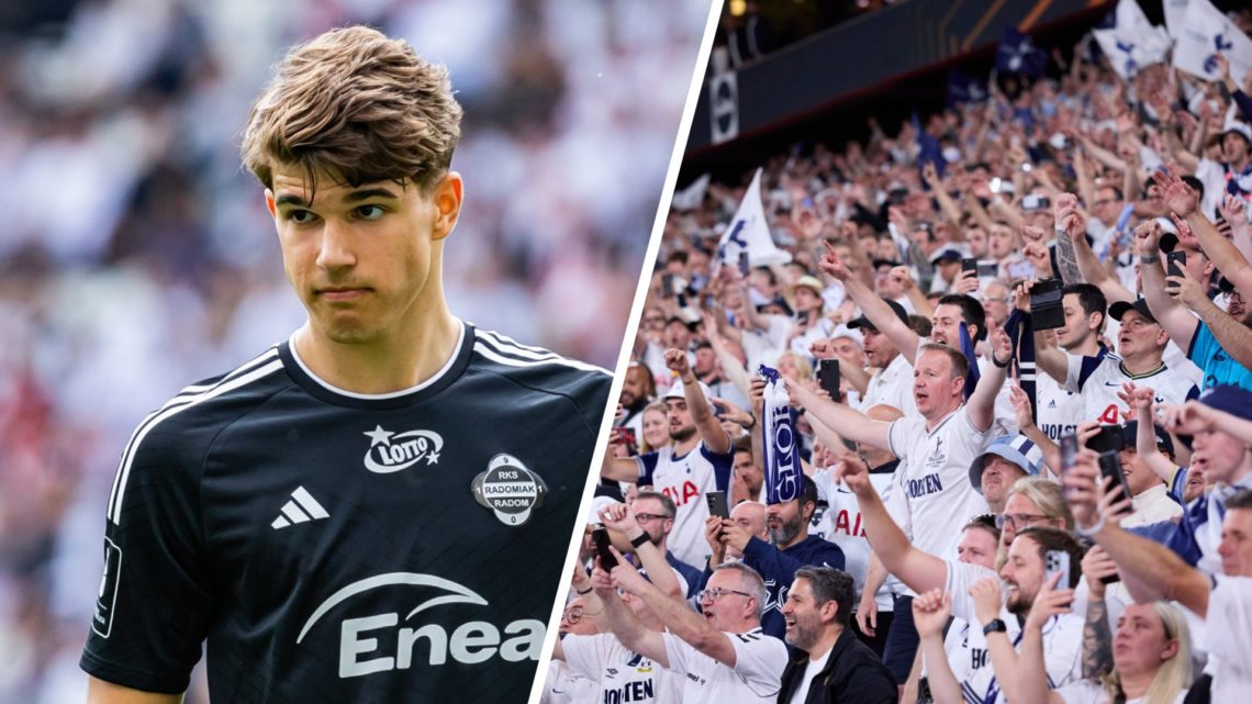 Split image of Tottenham Hotspur defender Luka Vuskovic (left) on loan at Radomiak Radom and Spurs fans (right) celebrating the Europa League final...