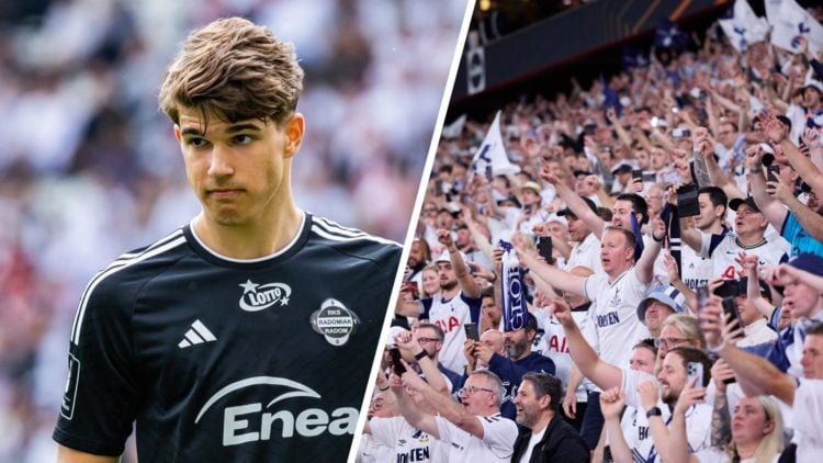 Split image of Tottenham Hotspur defender Luka Vuskovic (left) on loan at Radomiak Radom and Spurs fans (right) celebrating the Europa League final...