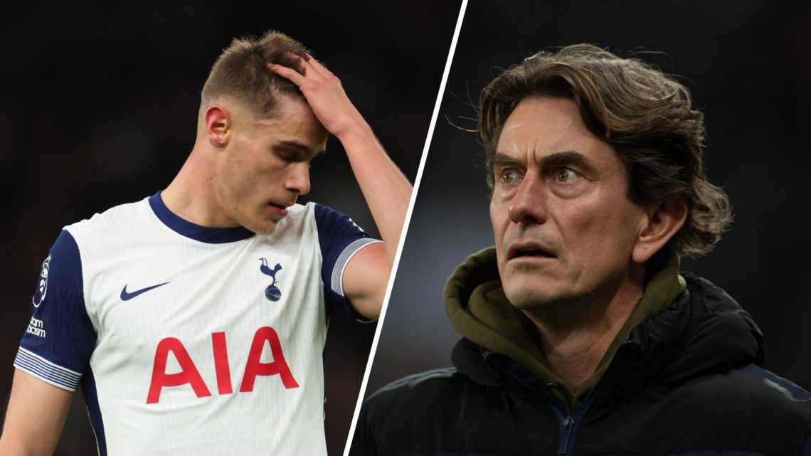 Split image of Tottenham Hotspur defender Micky van de Ven (left) during Premier League match and Spurs manager Thomas Frank (right) ahead of Premi...