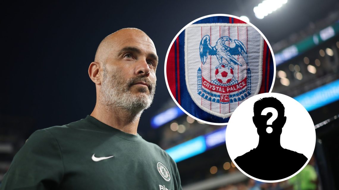 Enzo Maresca at the FIFA Club World Cup with Chelsea, Crystal Palace badge and mystery figure inset