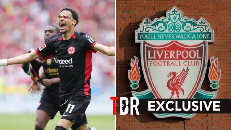 Split image of Hugo Ekitike and Liverpool badge
