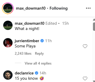 Jurrien Timber comments on Max Dowman's Instagram post