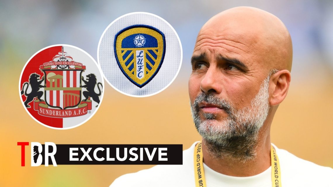 Pep Guardiola alongside Sunderland and Leeds United's badges.