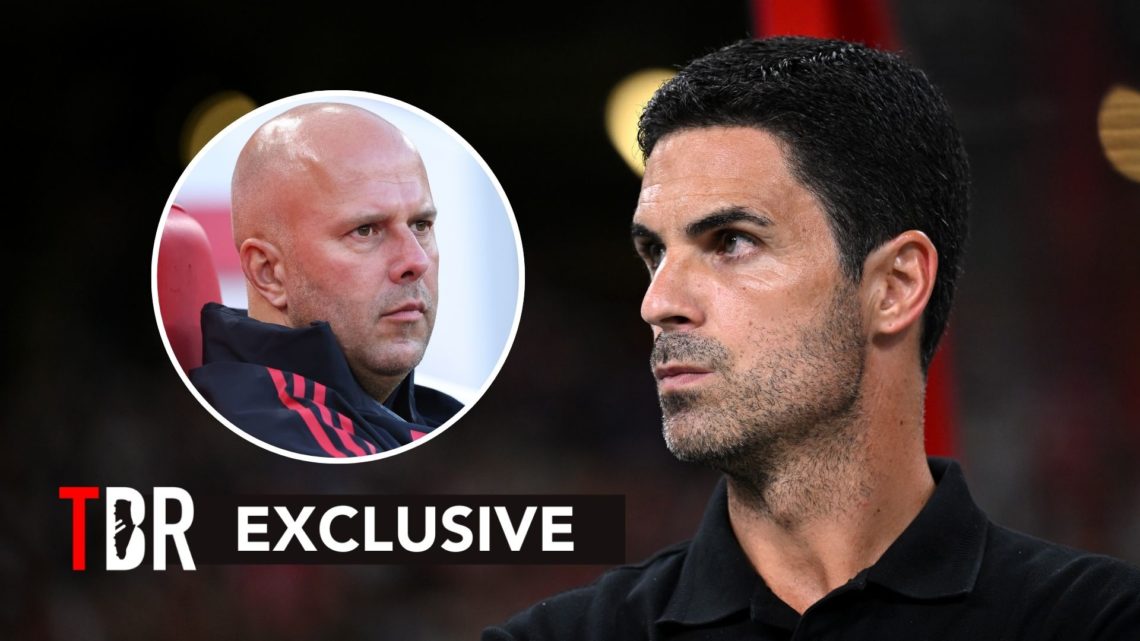 Arsenal boss Mikel Arteta looks on alongside an inset of Liverpool manager Arne Slot.