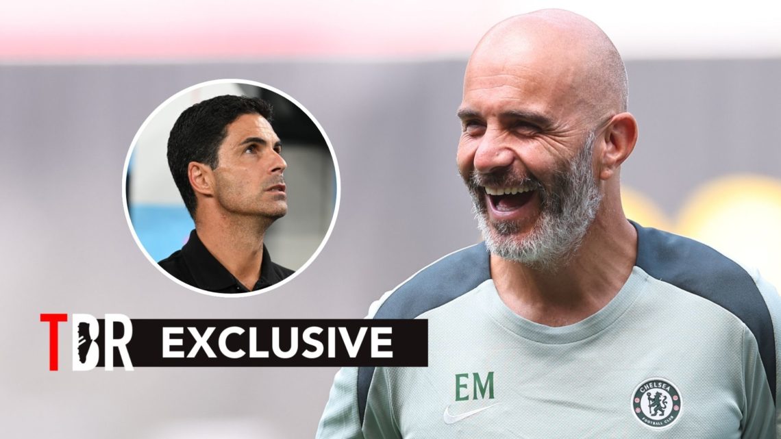 Chelsea boss Enzo Maresca laughs in training alongside an inset of Arsenal manager Mikel Arteta.