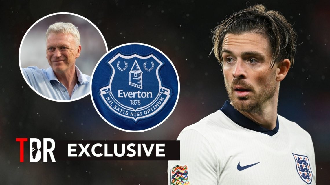 Jack Grealish alongside David Moyes and an Everton badge.
