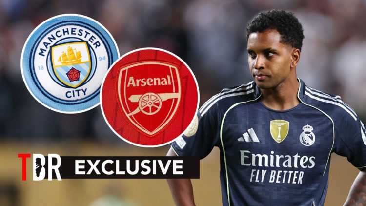 Rodrygo playing for Real Madrid alongside Arsenal and Manchester City's club badges.