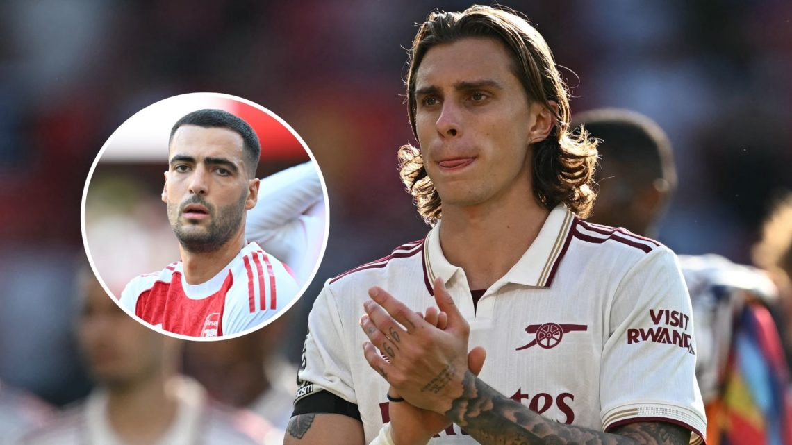 Riccardo Calafiori applauds Arsenal fans alongside an inset of Mikel Merino.