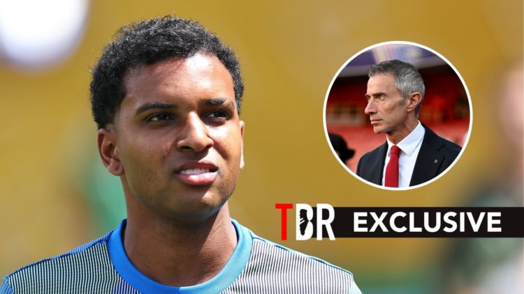 Real Madrid's Rodrygo alongside Arsenal sporting director Andrea Berta.