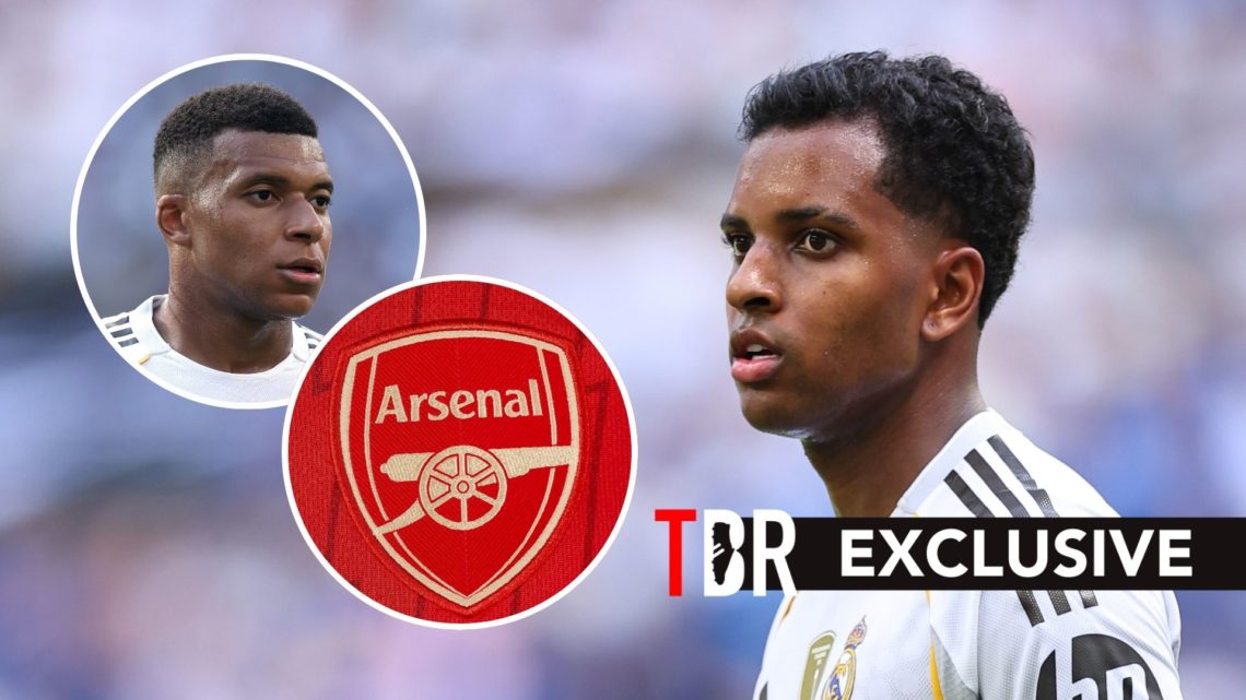 Rodrygo alongside Real Madrid teammate Kylian Mbappe alongside an inset of Arsenal's club crest.