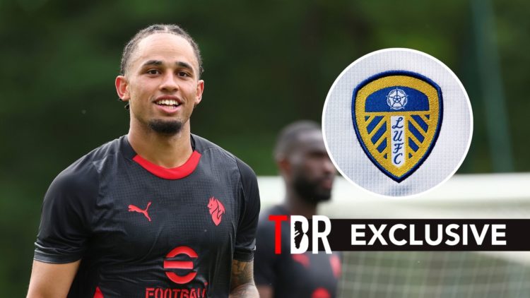 Noah Okafor in pre-season with AC Milan alongside an inset of Leeds United's badge.
