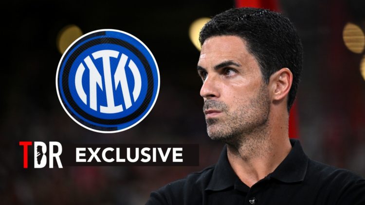 Arsenal manager Mikel Arteta alongside an Inter Milan badge.