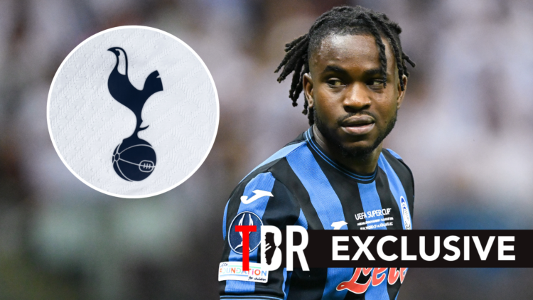 Ademola Lookman in action for Atalanta. Inset of Tottenham badge.