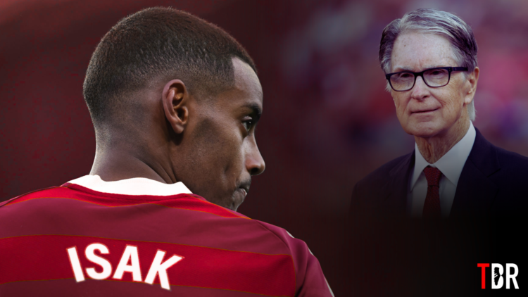 Split image of Newcastle United striker Alexander Isak and Liverpool owner John Henry, with TBR Football logo