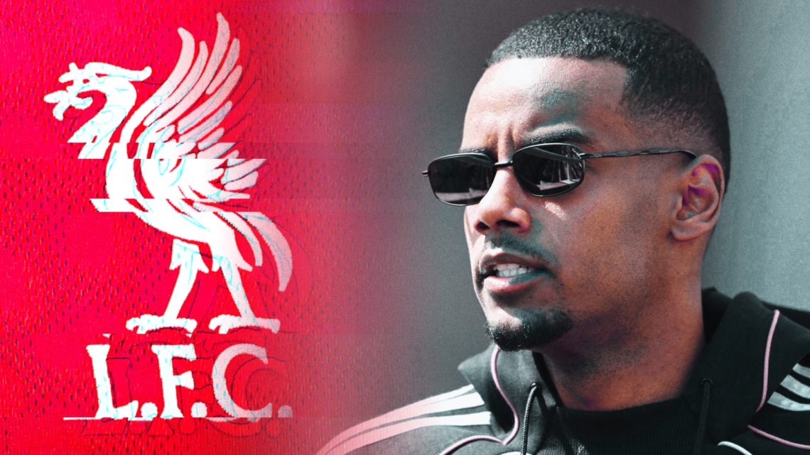 Illustration image of a closeup shot of Newcastle United forward Alexander Isak and the Liverpool badge
