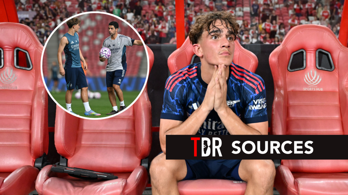 Arsenal winger Max Dowman on the bench during pre-season. Inset of Mikel Arteta coaching Dowman in Hong Kong.