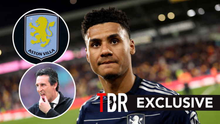 Aston Villa striker Ollie Watkins during Champions League match. Inset of Aston Villa manager Unai Emery and Villa badge.