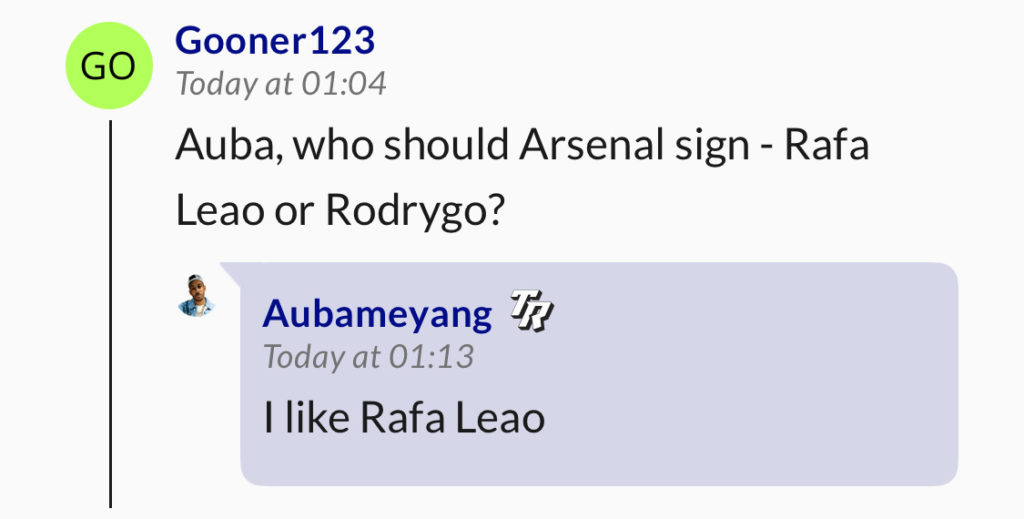 Screengrab of Pierre-Emerick Aubameyang's reply to an Arsenal fan during a Q&A on The Residency