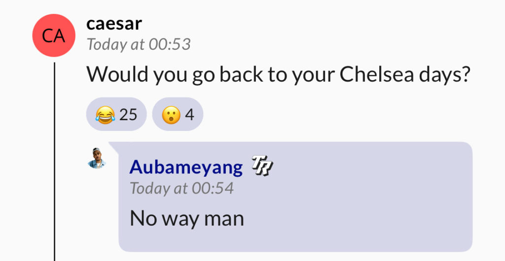 Screengrab of Pierre-Emerick Aubameyang's reply to a fan during a Q&A on The Residency