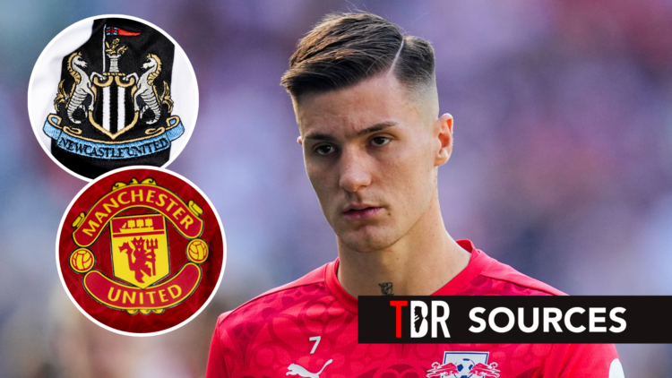 RB Leipzig striker Benjamin Sesko in action during Bundesliga match. Inset of Manchester United badge and Newcastle United badge.