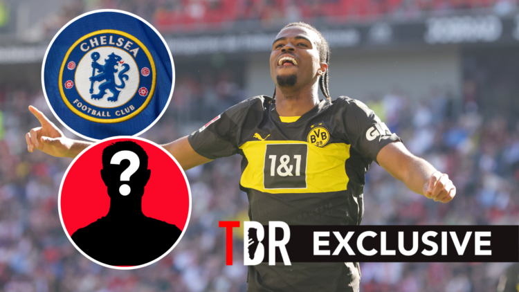 Chelsea's Carney Chukwuemeka celebrates goal for Borussia Dortmund. Inset of a mystery player and Chelsea badge.