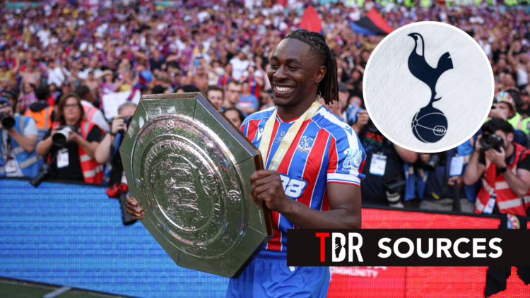 Crystal Palace winger Eberechi Eze after the Community Shield. Inset of Tottenham Hotspur badge.