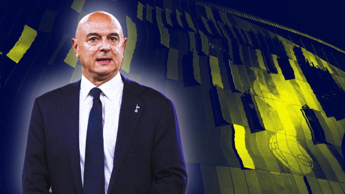 Daniel Levy superimposed over an abstract image of the Tottenham Hotspur Stadium