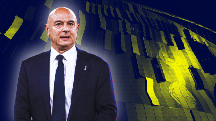 Daniel Levy superimposed over an abstract image of the Tottenham Hotspur Stadium