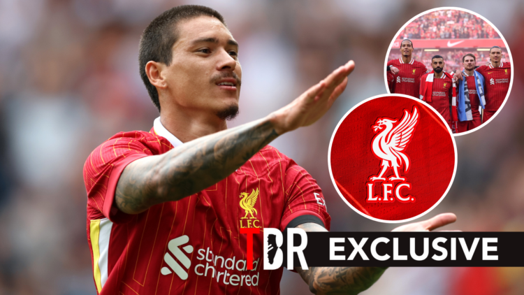 Darwin Nunez celebrates goal for Liverpool. Inset of Liverpool badge and players.