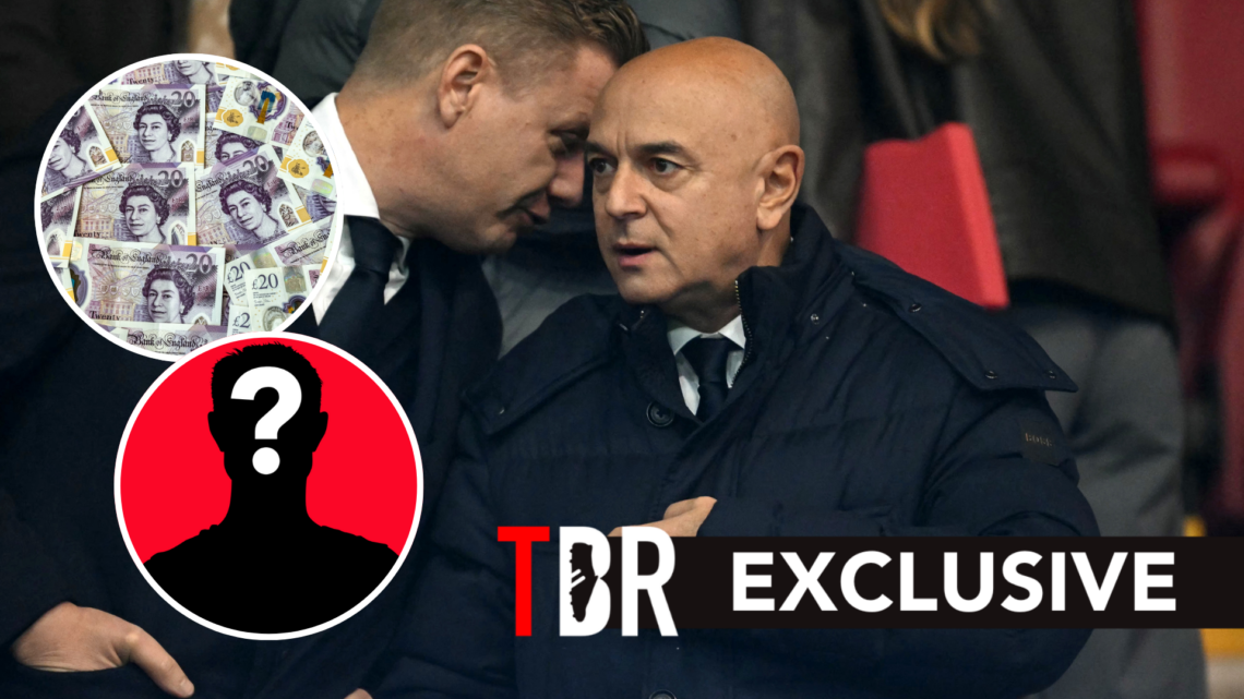 Daniel Levy ahead of Tottenham Hotspur match. Inset of 20 pound notes and a mystery player.