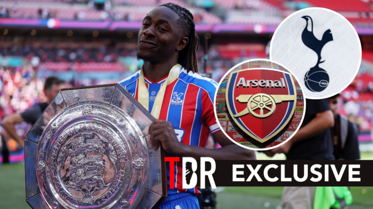 Eberechi Eze after winning the Community Shield with Crystal Palace. Inset of Arsenal badge and Tottenham badge.