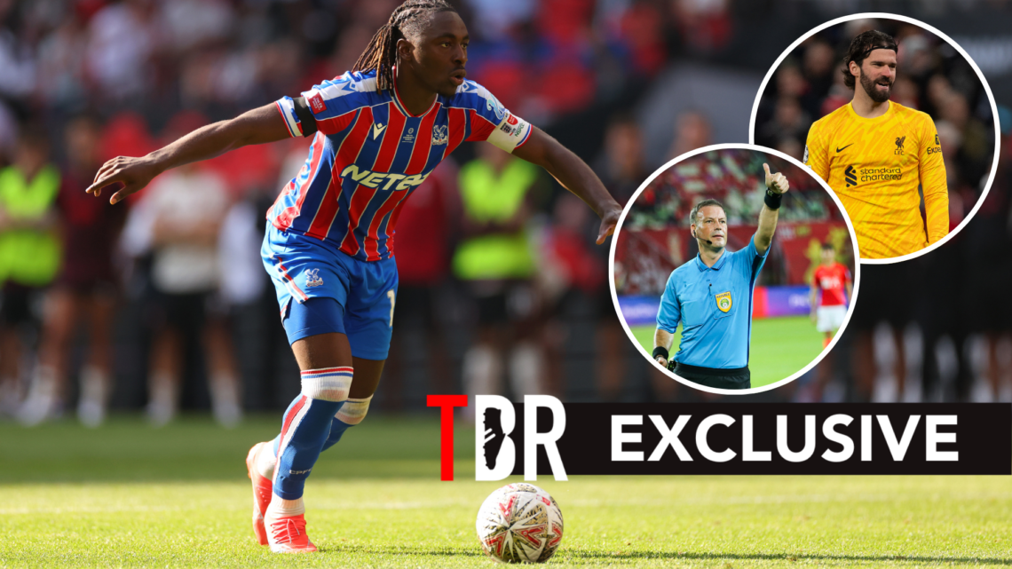 Eberechi Eze taking penalty for Crystal Palace. Inset of Liverpool goalkeeper Alisson Becker and Mark Clattenburg.