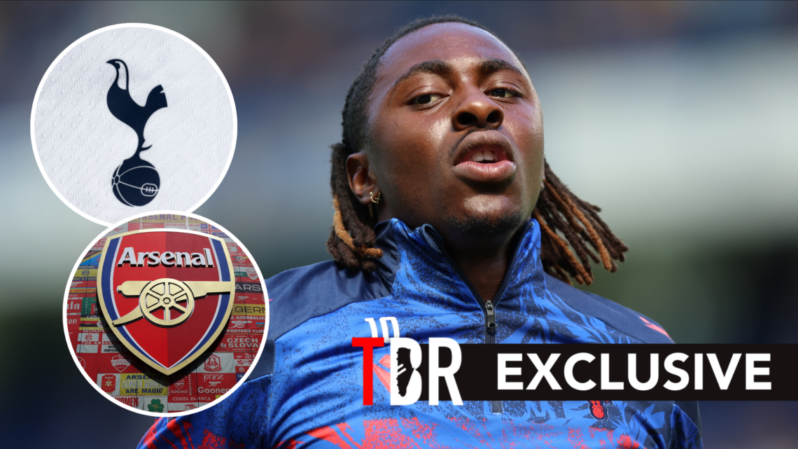 Eberechi Eze ahead of Chelsea vs Crystal Palace. Inset of Arsenal badge and Tottenham Hotspur badge.