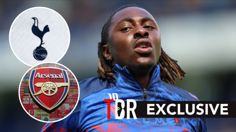 Eberechi Eze ahead of Chelsea vs Crystal Palace. Inset of Arsenal badge and Tottenham Hotspur badge.