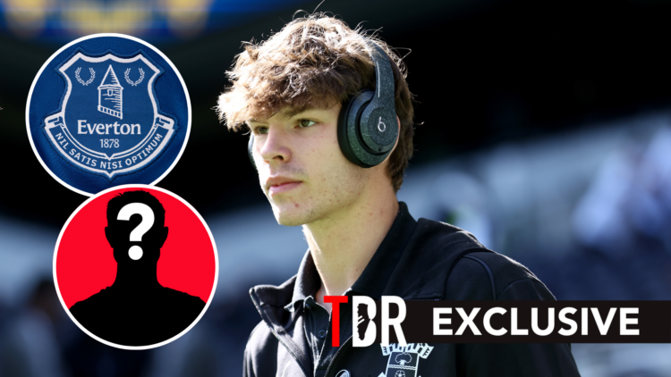 Everton transfer target Tyler Dibling ahead of Premier League match. Inset of a mystery player and Everton badge.