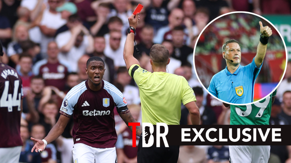 Aston Villa defender Ezri Konsa sent off against Newcastle United. Inset of Mark Clattenburg.