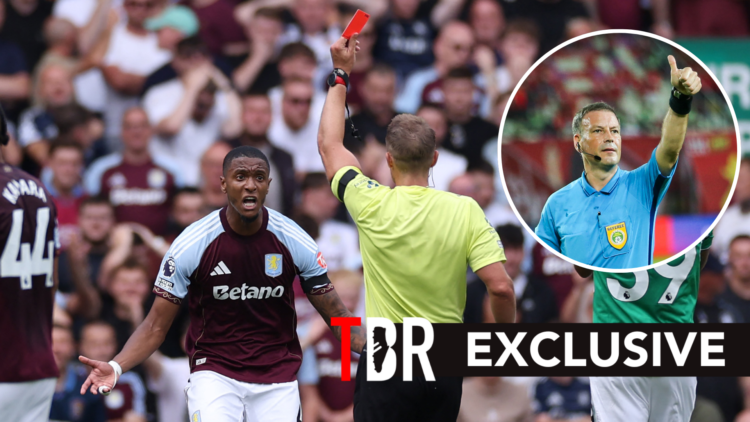 Aston Villa defender Ezri Konsa sent off against Newcastle United. Inset of Mark Clattenburg.