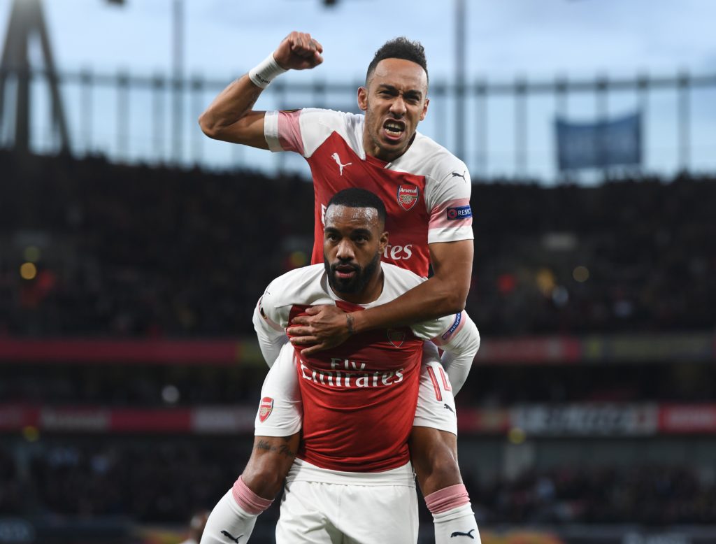 Alex Lacazette celebrates scoring for Arsenal with Pierre-Emerick Aubameyang