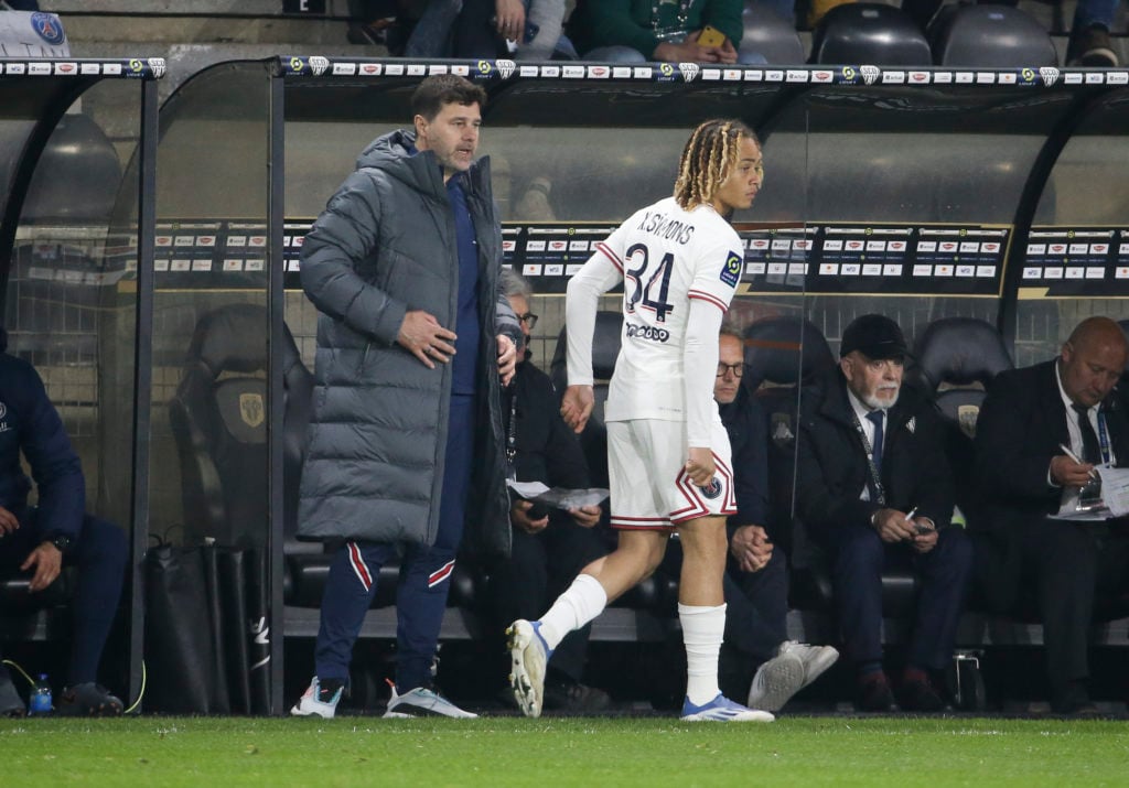 Mauricio Pochettino and Xavi Simons during Angers v Paris Saint-Germain in Ligue 1