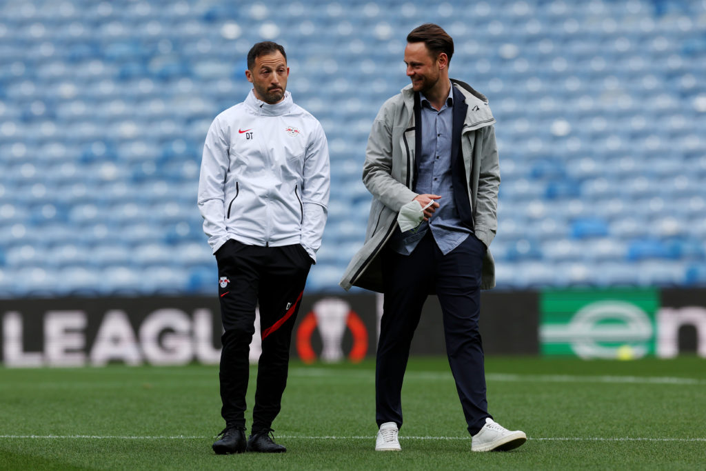 Domenico Tedesco, Head Coach of RB Leipzig speaks with Christopher Vivell, Technical Director of RB Leipzig during a RB Leipzig Training Session at Ibrox Stadium on May 04, 2022