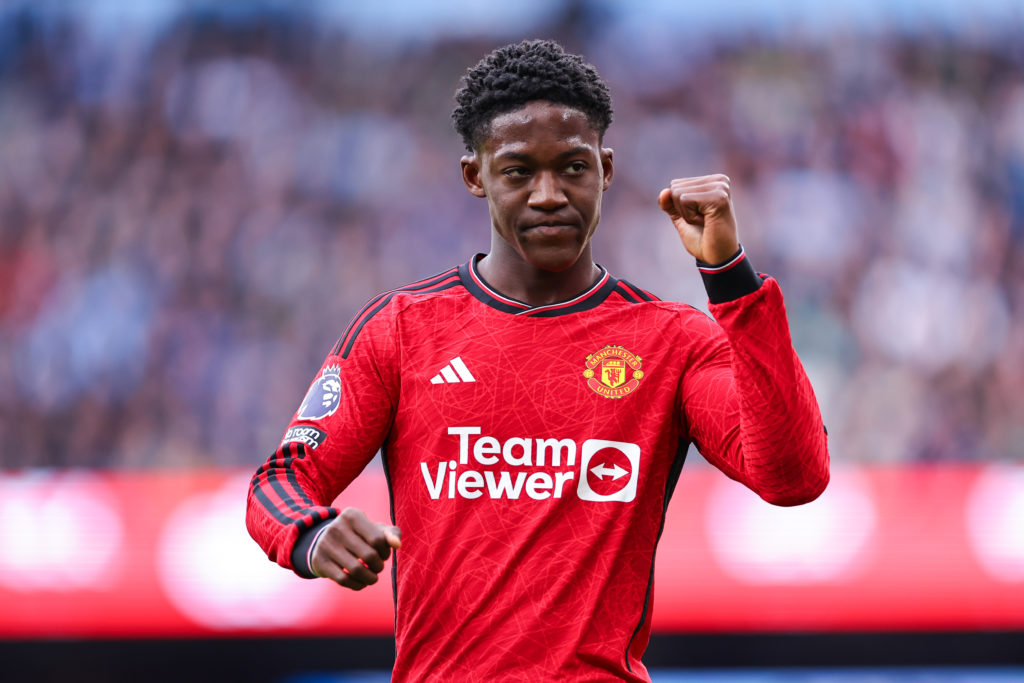 Kobbie Mainoo of Manchester United during the Premier League match between Manchester City and Manchester United