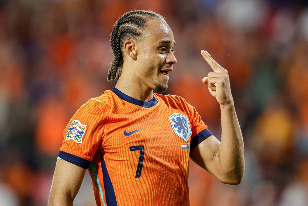 Xavi Simons celebrates for the Netherlands against Bosnia and Herzegovina